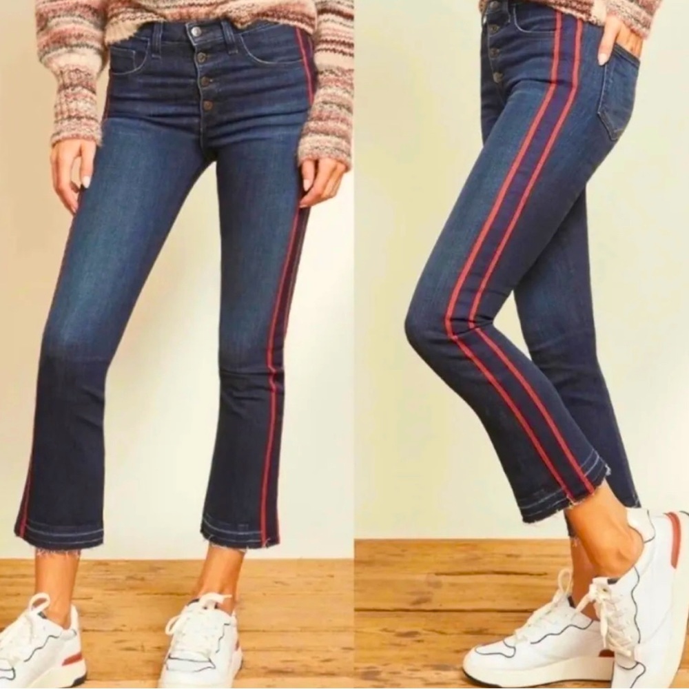 Veronica Beard Dark Blue Boot Cut Jeans with Red Side Stripes